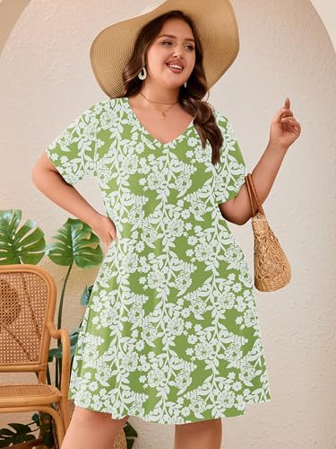 Image of AusLook Plus Size Midi Dress for Women Loose V Neck Short Sleeve Summer Casual A Line T Shirt Sundresses with Pockets 1X-5X