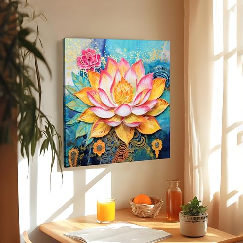 Image of PAINTINGMANTRA Modern Lotus Artwork Stretched Canvas Painting for Living Room | Abstract Floral Canvas Wall Decor Art For Livingroom, Bedroom, Office, Hallways - 22x22 Inch