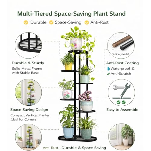 Image of Giore Trendy Ultra Luxury Metal 6 Tier 7 Potted Plant Stand , Flower Pot Stand for Living Room, home decor, Indoor & Outdoor plants(Black, Corner Shelf) - Free Standing,