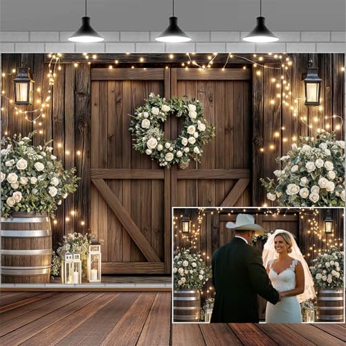 10X8FT Wedding Western Backdrops Vintage Country Brown Wooden Barn Door Photo Backdrop Photography Background Wood Plank Anniversary Bridal Baby Shower Birthday Party Photo Shoot Decorations
