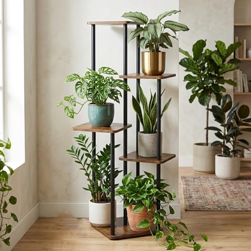 Image of Garden Genie Flora 5 Tier Metal Plant Stand for Indoor & Outdoor Plants | Multi-Level Wooden Shelf with Heavy Duty Metal Frame | Corner Plant Rack for Living Room, Balcony, Patio, Office & Home Decor