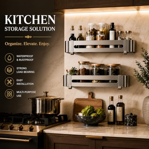 Image of Hallstatt Pack of 2 Aluminum Bathroom Shelf with Removable Hooks, Wall Mounted Bathroom Organizer Shelves Storage Rack Holder Stand for Bathroom Accessories Set with Drill Installation - Grey