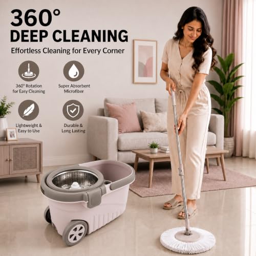 Image of Novita Premium 360 Spin Mop Bucket Set | Steel Jali with Heavy Smart System | Easy Rinse | Telescopic Microfiber Mop & Soap Dispenser |1+1 Refill | Pocha | Big Wheels | Removes Over 99%* Bacteria