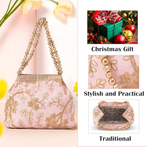 Image of Kuber Industries Pack of 2 Potli Bags for Ladies & Girls | Women Shagun Pouches for Festive Seasons | Bridal Purse | Moti Embroidery- Peach & Grey
