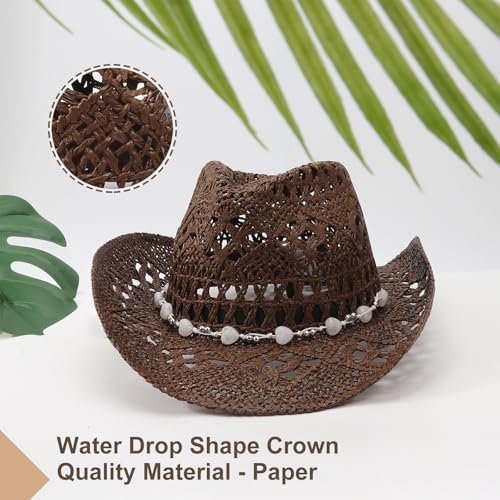 Image of DRESHOW Straw Cowboy Cowgirl Hat for Women Men Western Coastal Cowboy Beach Hat with Shapeable Brim Unisex Rolled up Caps