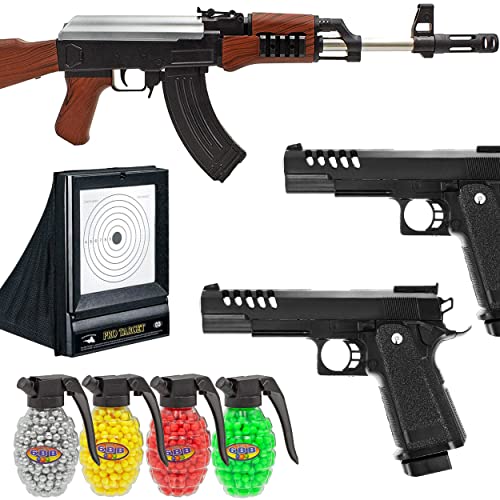 Airsoft Spring Gun Package Beginner Bundle - Sammlung von Softair Guns - Leistungsstarkes Spring Rifle, Zwei Pistolen, eine Zielscheibe und 2000 Schuss BB, ideal für Family Pack Gameplay Cover