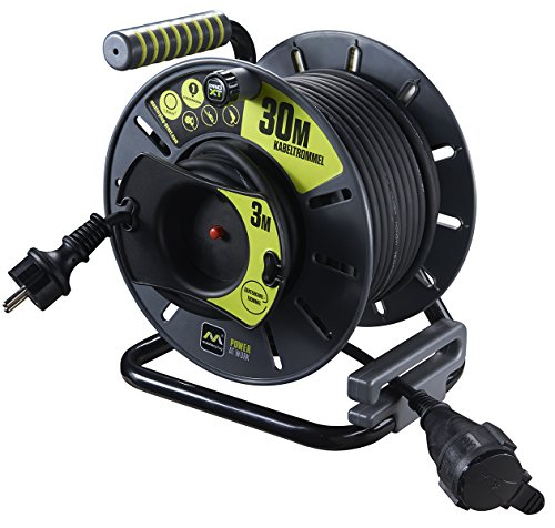 Pro-XT Reverse -Kabeltrommel mit einer wetterfesten Schukoverlängerung, 30 + 3 Meter Gummikabel