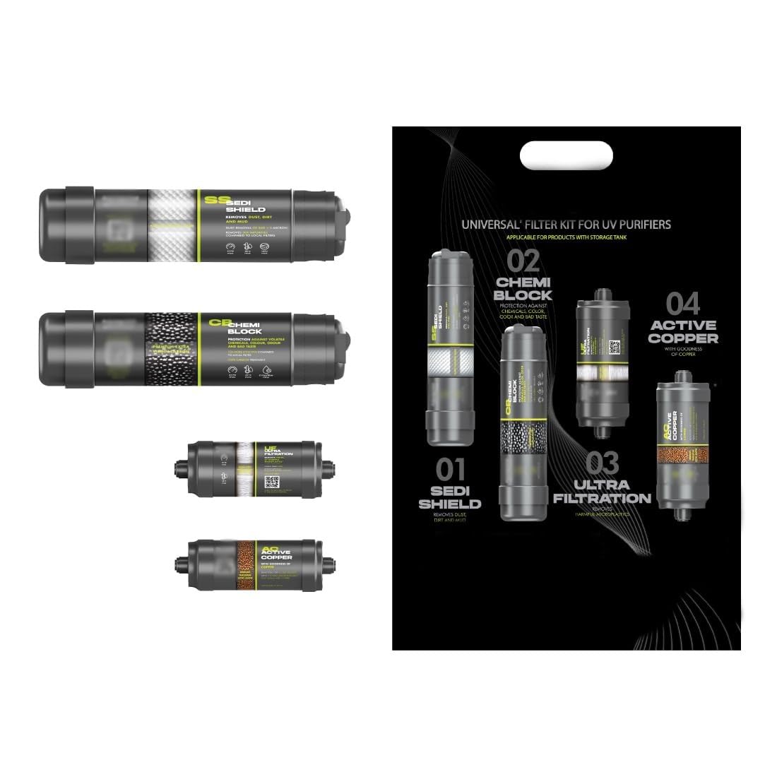 MG WATER SOLUTION Universal UV Filter Kit with Active Copper | UV Purifiers | Sedi-Shield, Chemi-Block, Ultra-Filter & Active Copper