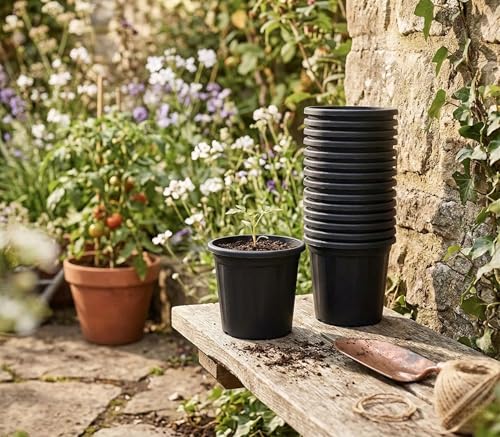 Image of Plastic Flower Pots 12 Inch | Black Nursery Plant Pots for Indoor & Outdoor Gardening | Lightweight, Durable Pots with Drainage for Seeds, Succulents & Saplings | Pack of 5