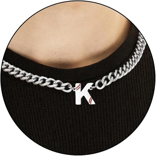 Baseball Necklaces for Boys Stainless Steel Initial Necklace with Letter A-Z 6.5mm Cuban Chain Adjustable Gifts for Men Boys 16+2 Inches