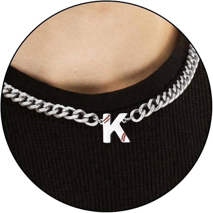 Baseball Necklaces for Boys Stainless Steel Initial Necklace with Letter A-Z 6.5mm Cuban Chain Adjustable Gifts for Men Boys 16+2 Inches
