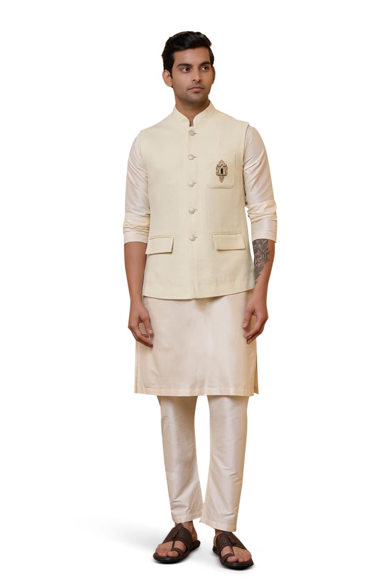 tasva Ivory Cotton Herringbone Bundi For Men-picture-25