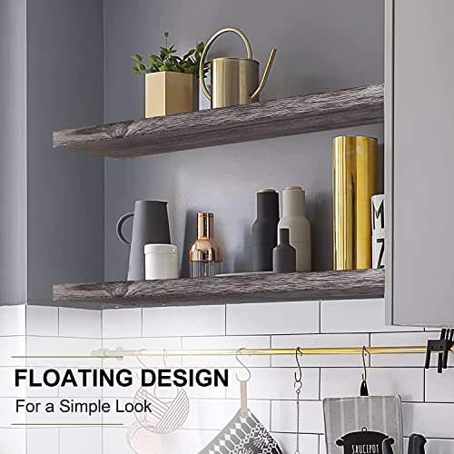 Image of Hamdan Collection Floating Shelves, 24 Inch Wall Shelf Set of 2, Rustic Wood Shelves for Wall Storage, Wall Mounted Wooden Display Shelf for Bathroom Bedroom-Grey