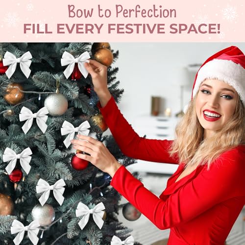 12pcs Festive White Bows for Christmas Tree Decorations - Small 12cm Pre-Tied White Ribbon Christmas Tree Bows Decorations for Xmas Wreath or Xmas Garlands - Image 4