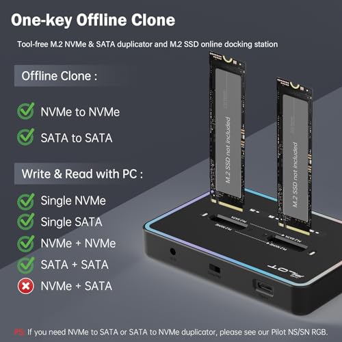 Image of Dual-Bay M.2 SSD Cloner M2 NVME SATA to USB C Dock Adapter 20Gbps | Standalone Offline Duplicator M.2 Reader for M /B+M Key PCIE NGFF SSDs, Size 2230-22110 for PC Gaming Storage Upgrade Backup