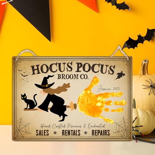 Image of Hocus Pocus Broom Co DIY Handprint Wooden Sign, 7x10in Vintage Halloween Witch Decor, DIY Baby's First Halloween Signs, Holiday Craft, Gift for Kids Toddler, New Mom, New Dad, Memory Keepsake