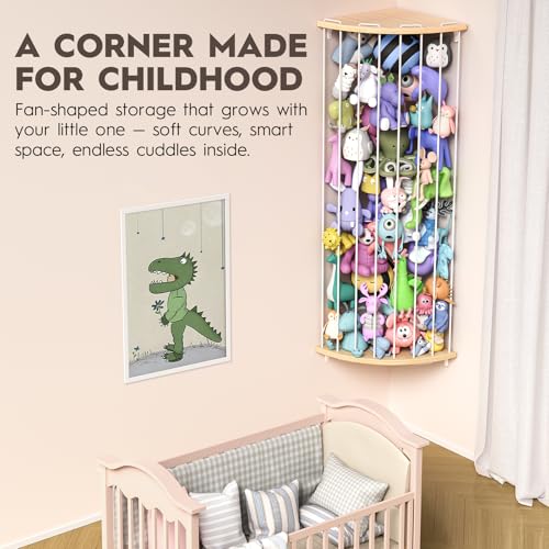 Image of Stuffed Animal Storage Wood Corner Plush Toys Holder with Star Pattern, Length Adjustable Hanging Stuffed Animal Toy Organizer Shelf for Nursery Play Room Bedroom Kid Room
