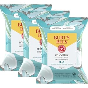 Burt’s Bees Coconut & Lotus Face Wipes, Mothers Day Gifts for Mom for All Skin Types, Micellar Makeup Remover & Facial Cleansing Towelettes, 30 Ct. (3-Pack)