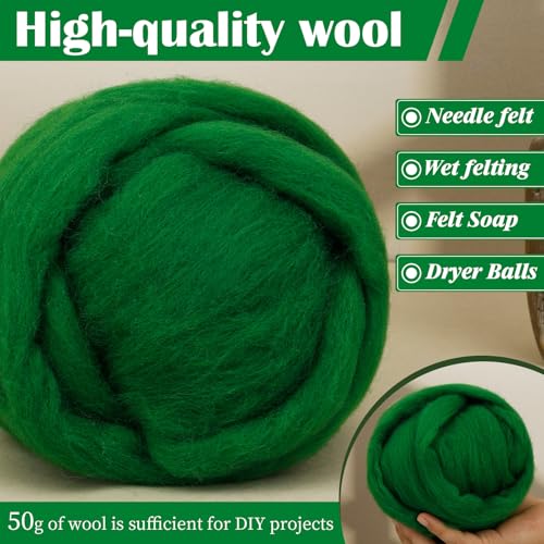Image of Mayboos 1.76oz Green Natural Wool Roving, Needle Felting Wool | Wool for Needle Felting, Green Color for Wet /Dry Felting Handcrafts and Spinning