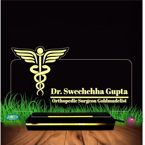 Image of PRINTKART Personalized LED Name and Designation Lamp for Doctors - 3D Illusion Gift, Laser Cut Acrylic, Wooden Base, Off White Color, 6 x 4 Inches (Doctor-5)