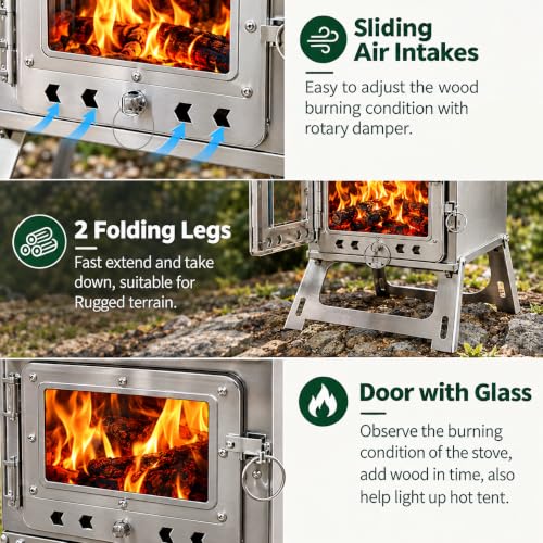 DANCHEL OUTDOOR S1 Small Hot Tent Stove with 9.8ft Pipe, Portable Collapsible Stainless Steel Camping Wood Stove with Folding Legs for 1 Person Winter Survival Backpacking, Cooking - Image 3