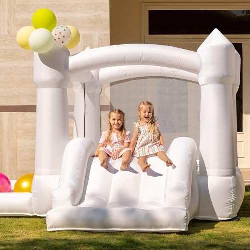 White Bounce House with Slide, Indoor Bouncy House for Kids 3-8 w/Ball Pit, Bounce Area 6.5'x6.5',...