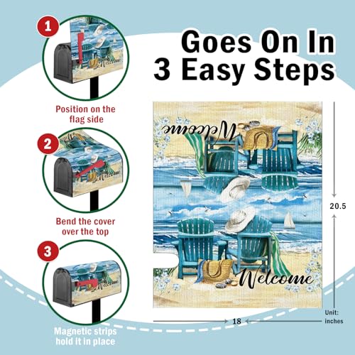 Image of Welcome Summer Sea Beach Mailbox Cover Magnetic Standard Size 20.5 inch x 18 inch, Ocean Seagull Sailboat Chairs Decorative Post Letter Box Wrap Decor Coastal Nautical Garden Yard Outdoor Decoration