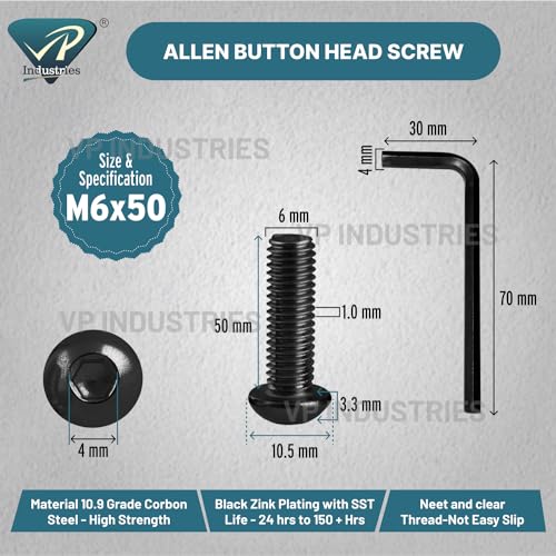 Image of Rely⇒VP INDUSTRIES (Pcs-25) M6 X 50 mm Button Head Cap Screw High Tensile 10.9 Grad| Allen Head Button Cap Screw with Allen Key 1 Pc Free | Mushroom Head Screw