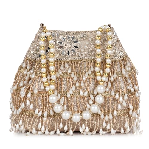 Image of Nevis PU Silk Women's Pearl & Bead Embellished Potli Bag with Beaded Handle | Designe Wedding & Festive Handbag