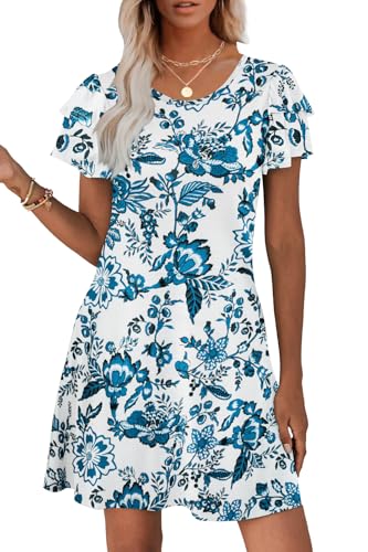 Hount Spring Dresses for Women 2026 Floral Ruffle Sleeve Short Dress with Pockets Blue Boho Flower Large