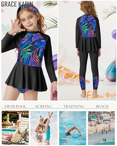 Image of GRACE KARIN Girls Long Sleeve Swimsuit Mermaid Bathing Suit Rash Guard Swimwear 4 Piece Size 5-12