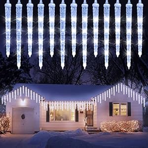 Geemoo Lichtsnoer met ijspegels, voor buiten, wit, 4 m, 90 leds, kerstverlichting buiten, 20 ijspegels, 8 modi, timer, werkt op stroom, aansluitbaar, ijsregen, lichtketting voor kerstdecoratie