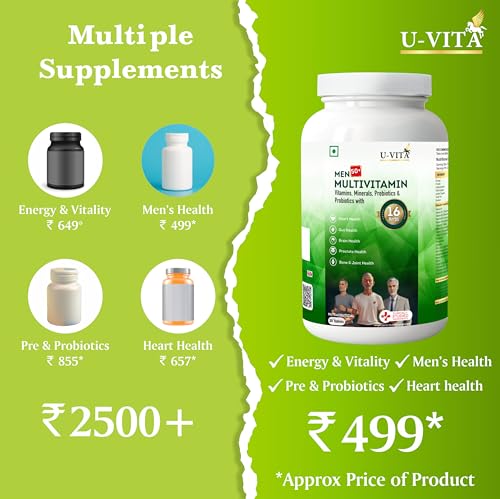 Image of U-VITA Men 50+ Multivitamin | 47 Essential Vitamins, Minerals & herbal extracts | Pre & Probiotics | Resveratrol, Ashwagandha, Lion's Mane Mushroom Extracts | 30 Veg Tablets | Formulated in the UK