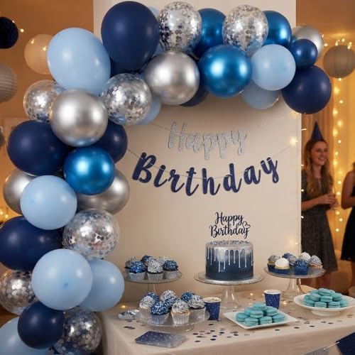 Image of 100PCS Blue Silver Balloons Set, Blue Balloons Metallic Blue Balloon Kit | 12 Inch Blue and Silver Balloons Dark Navy and Confetti Party Latex Balloon for Birthday Wedding Graduations Party Decoration