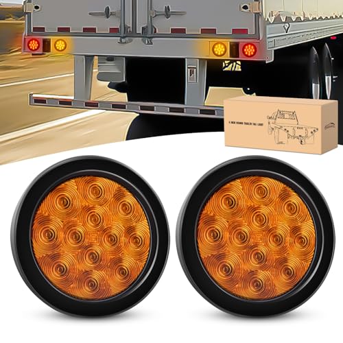 GOOACC 4 Inch Round Trailer Tail Light 2 PCS 12 LED Amber Turn Signals Lights w/Surface Mount Grommets Plugs IP67 Waterproof for Truck RV Tractor