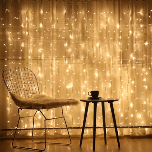 Image of fizzytech Plastic Fairy Curtain String Lights for Wall Decoration, Warm White 300 LED's, 8 Flashing Modes, Window Backdrop Lights for Bedroom, Party, Diwali, Christmas - 3x3 Meter