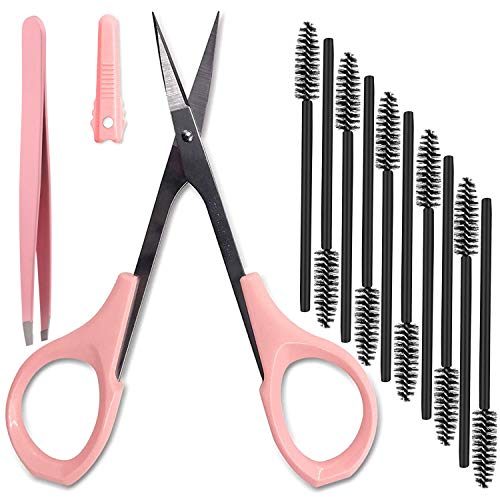 4" Curved Craft Scissors Stainless Steel Unisex Eyebrow Kit Eyebrow Scissors, Slant Tweezers And Eyebrow Brush for Eyebrow Eyelash Extensions Pink Set