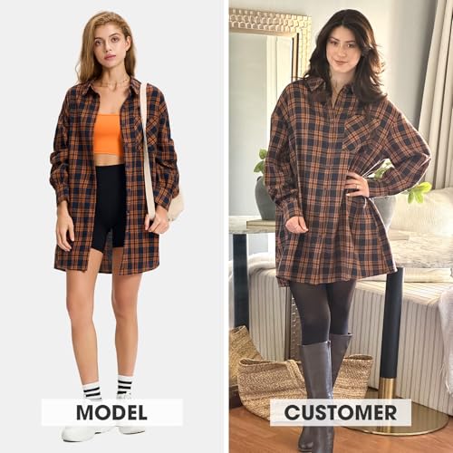 EXLURA Womens Plaid Flannel Shacket Long Sleeve Button Down Shirts Long Jackets Oversized Spring Fashion Outfits 2025 Clothes2