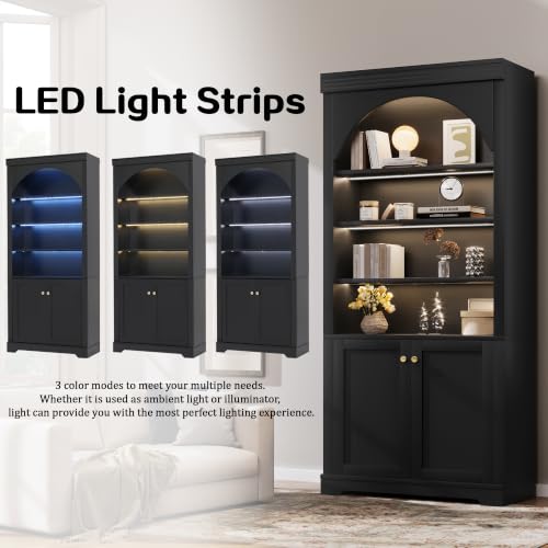 Image of Modern Display Tall Bookshelf with 4-Layer LED Light(Black Style2) | Bookcase with Doors & Adjustable Shelves, Storage Bookshelf for Living Room & Home Office, Display Cabinet with Open Shelves