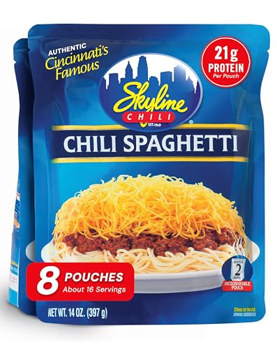 Skyline Chili & Spaghetti - Cincinnati Style - Authentic Recipe in Microwavable Pouches, Ideal for Cheese Coneys & Hot Dogs - Classic Flavor, Easy Meal Prep - 14 oz Each, Pack of 8