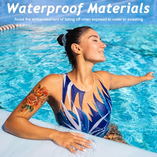 Image of MAYCREATE 6 Sheets Watercolor Rose Temporary Tattoos For Women Arm Girls Adults, Water Color Peony Flower Tattoo Sticker, Bulk Temp Fake Long Lasting Colorful Floral Tattoo 21x11.4cm