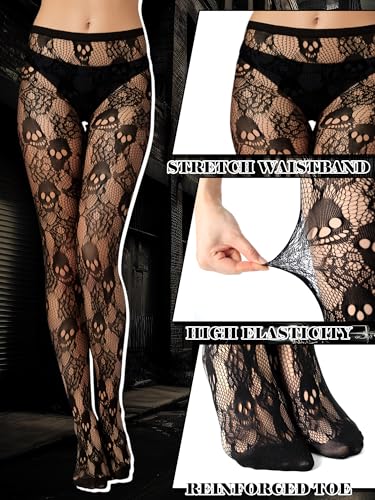 Image of Bencailor 3 Pairs Halloween Women Fishnet Stocking Tight Legging Black Stockings Small Hole Pattern High Pantyhose Waist Lace