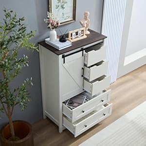 White Dresser for Bedroom with 5 Drawers, 48" Tall Dresser w/Sliding Barn Door, Farmhouse Dresser 5 Chest of Drawers for Bedroom, Hallway, Living Room, Dining Room, Antique White White Dresser for Bedroom with 5 Drawers 48 Tall Dresser wSliding Barn Door Farmhouse Dresser 5 Chest of Drawers for Bedroom Hallway Living Room Dining Room Antique White