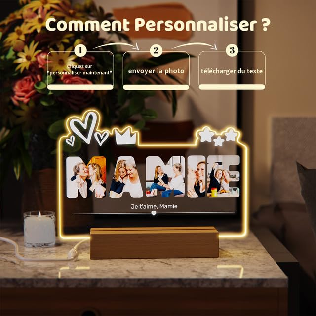 Cadre Photo Lumineux Personnalisé Grand-Mère - Cadeau Fête Des Mères, Anniversaire Ou Noël
