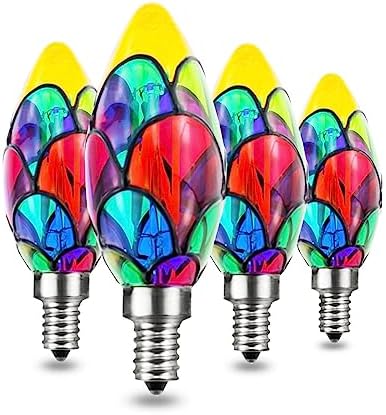 Greeogin Dimmable Stained Glass LED Edison Bulb, Tiffany Style Color Bulb,C35 E12 Base 4 Watts LED Light Bulbs 40W Halogen Bulb Replacement for Party Light,Festive Atmosphere,Home Lighting,4 Pack