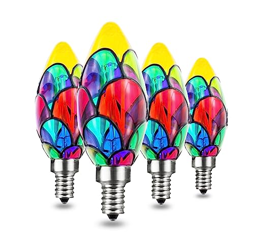 Greeogin Dimmable Stained Glass Led Edison Bulb, Tiffany Style Color Bulb,C35 E12 Base 4 Watts Led Light Bulbs 40W Halogen Bulb Replacement For Party Light,Festive Atmosphere,Home Lighting,4 Pack #TOP2