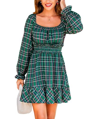 CUPSHE Damen Minikleid Kariert Langarm Quadratischer Ausschnitt Gerafftes A-Linien Rüschen Festliches Partykleid Elegantes Freizeitkleid Grün...