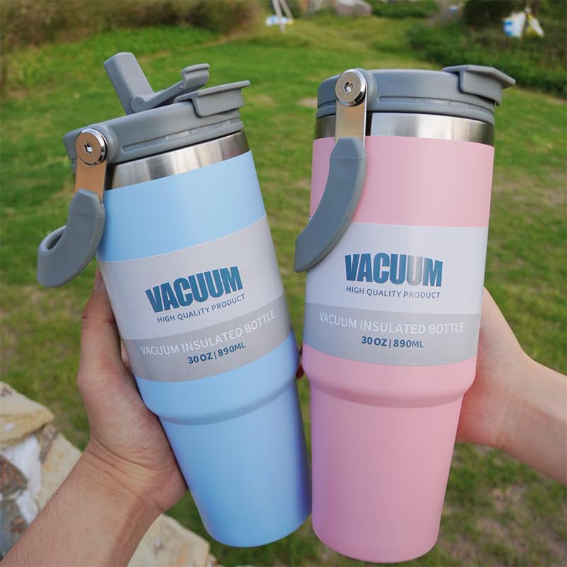 Image of 900ml Tumbler with Handle and Straw Stainless Steel Double Wall Insulated Tumblers Cup, Coffee Mug Travel Icold up 17h - Hot 12h Tumbler for Car Office Gym Travel (Sky Blue)