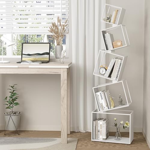 Geometric Book Shelf 5 Tier, White Metal Bookshelf 67 Inch, Mordern Narrow Bookcase, Skinny Corner Bookshelves for Bedroom, Living Room, Office, Home Decor - Image 6