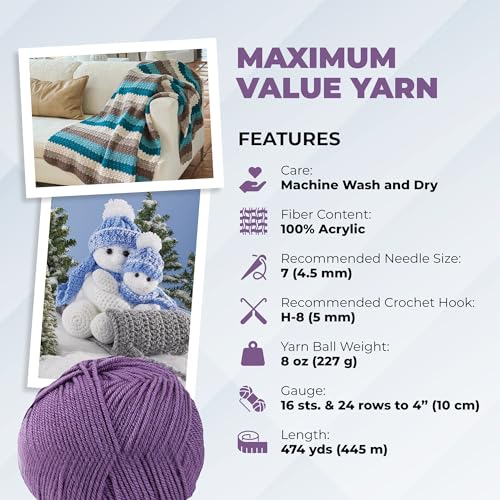 Image of Mary Maxim Maximum Value Acrylic Yarn for Crocheting and Knitting, Soft Worsted Weight Purple Yarn 4, Ideal for Blankets, Sweaters, Hats, and Scarves, 8 oz Skein (474 Yds), Medium Violet - 1 Skein